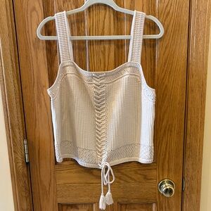 Elegant Cream Knit Tank Top with Corset and Tassel Accents